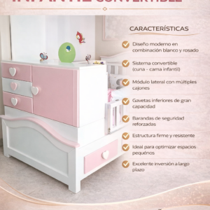 CUNA – CAMA INFANTIL CONVERTIBLE BLANCO Y ROSADO