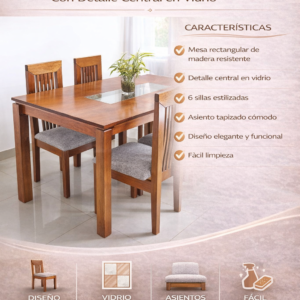 MESA DE COMEDOR CON DETALLE CENTRAL EN VIDRIO